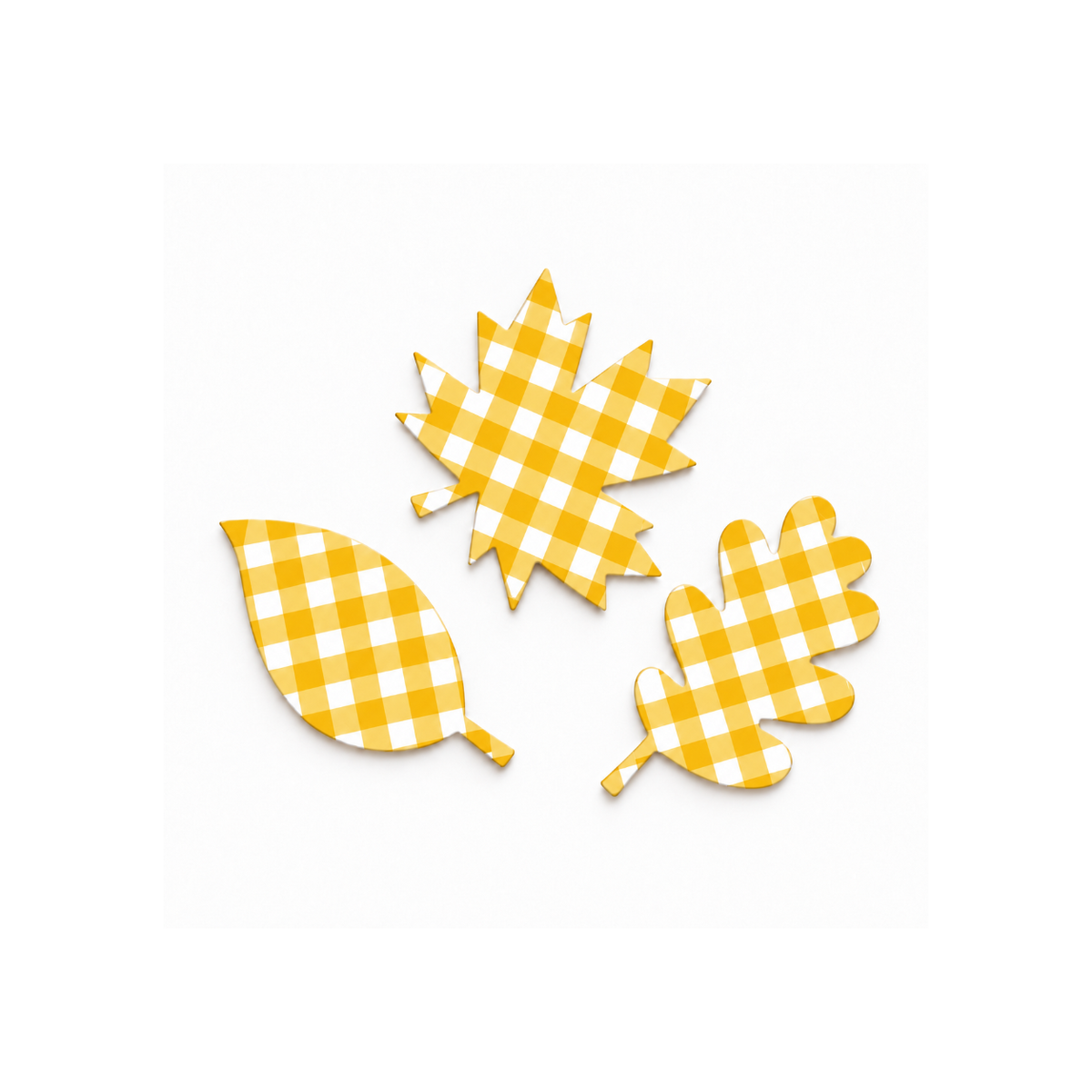 Gold gingham printable leaves in three autumn leaf shapes