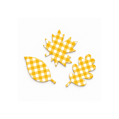 Gold gingham printable leaves in three autumn leaf shapes