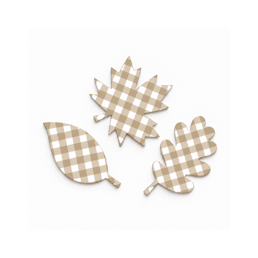 Khaki gingham printable leaves in three autumn leaf shapes