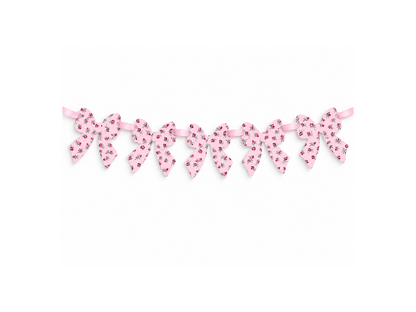Five small Velvet Rosebuds printable paper bows threaded on pink ribbon